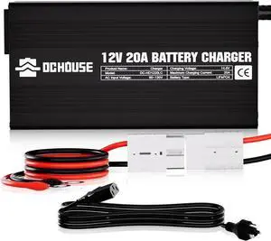 12V 20A Lithium Battery Charger, 14.6V LiFePO4 Charger with Battery Quick Connector & LED Indicator, Smart 300W Fast Charging for Boat, RV