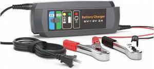 2A Smart Car Battery Charger, 6V and 12V Automotive Charger, Battery Maintainer, Trickle Charger, Float Charger for Motorcycle, ATV, Lithium and Deep Cycle Batteries