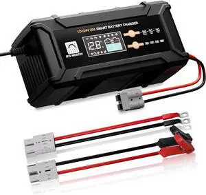 12V/24V 20A Smart Battery Charger Maintainer, Auto Voltage Detect for LiFePO4 Lead-Acid with Multi-Current Options 5A/10A/15A/20A, Trickle Charger for Car Truck Motorcycle Lawn Mower