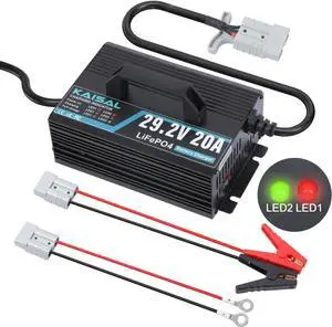 24V 20A Lithium Battery Charger 29.2V LiFePO4 Battery Charger 24 Volt Lithium Charger 0V Wake Up LiFePO4 Charger with Indicators, 2 Connectors for 25.6V LiFePO4 Battery of RV, Boat,Truck,Marine, Solar