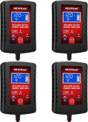 [4-Pack]1.75-Amp Car Battery Charger, 6V and 12V Smart Fully Automatic Battery Charger Maintainer, Trickle Charger, Battery Desulfator for Car, Lawn Mower, Motorcycle, Boat, Marine Lead Acid Batteries