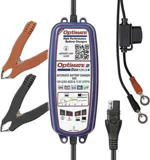 Optimate 2 Duo, TM-551, Bronze Series: 5-Step 12V / 12.8V 2A Sealed Battery Charger & maintainer, Blue