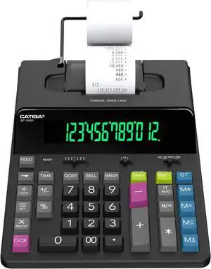 12 Digit Thermal Printing Calculator with Tape Print Out, Ink-Free Adding Machine, 5X Faster Quite at 8.0 LPS, Extra Large Fluorescent Display, Tax Calculation with Clock and Calendar, SP-2401