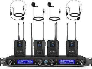 UHF Wireless Microphone System Cordless Lapel/Headset/Lavalier Mic(4 Bodypacks), Fixed Frequency, Long Range 400ft, Ideal for Party Church Conference Speech