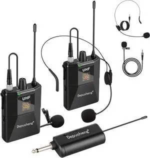 UHF Microphone System -Wireless Microphone Set with Headset and Lavalier Lapel Mics, Beltpack Transmitter and Receiver,200ft Range, for Recording PA Speaker,Conference