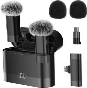 Wireless Lavalier Microphone for iPhone 15/16 Cell Phone Mini microfono inalambrico Lapel Mic with 100ft Range 50H Battery Charging Case for Vlogging Vlog Video Recording (USB-C&Lightning, Black)
