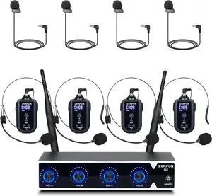 Rechargeable Wireless Microphone System 4 Channel Pro, UHF Metal Headset Lavalier Lapel Mics Cordless for Church Karaoke Singing with Volume Control, 4x50 Frequency(G8)