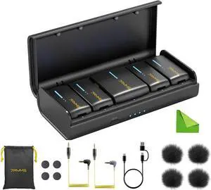 iRay DW40 Wireless Lavalier Microphone with Four Transmitters One Charging Case Support AI Denoise, 48kHz/24bit Recording for Video Vlog, Interview, Live Streaming, Podcasting-Black