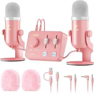 ASMR Microphone Equipment Bundle With Audio Interface, Immersive 3D Stereo, Dual Condenser Mics With Mixer, Clear Sound, Volume Control, Furry Windscreens, Set for ASMR, Pink
