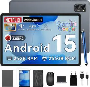 Tablet 2025 Latest Android 15 Tablets with 10.1 Inch Incell Display, 24GB RAM 256GB ROM /2TB TF, Gemini AI, T606 Octa-Core+8MP Camera, 5000mAh, Widevine L1, 2 in 1 Tablets with Keyboard Mouse Stylus