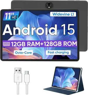 Android 15 Tablet,11 Inch Tablets with Octa Core Processor, 12GB RAM + 128GB ROM 1TB Expand, Widevine L1, 8000mAh Battery, 2.4/5Ghz Dual Band WiFi/GPS/FM Radio,5/8MP Cameras, Case Included - Black