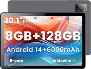 Tablet 10.1 inch, Android 14 Tablet, 8GB 128G Computer Tablets, Octa Core Processor 6000mAh Battery, 1280x800 IPS Touch Screen, 5+8MP Dual Camera, Bluetooth,GMS, WiFi (Gray)