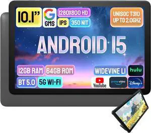 Android 15 Tablet 10 inch, 12GB RAM, 64GB ROM, 1TB Expandable, 10.1" HD IPS 1280x800 Computer, 5MP+5MP Camera, 5G WiFi+BT5.0+GPS+GMS, Parental Control, with Headphone Jack, Leather Case Included