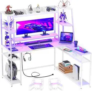 63'' L Shaped Gaming Desk with Hutch, Corner Game Desk with Outlets, PC Gamer Desk LED Lights, Gaming Computer Desks with Shelves, White