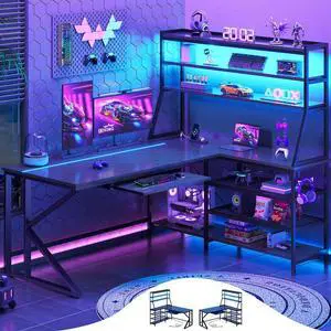 L Shaped Gaming Desk with Keyboard Tray, Reversible Home Office Computer Desk with LED Light & Power Outlet, Corner Gamer Desk with Storage Shelf, Hooks Carbon Fiber Black 61 in