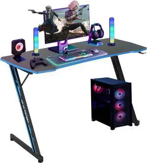 47 inch Gaming Desk Z-Shaped Computer Desk PC Computer Table Home Office Desk Ergonomic Gamer Workstation with Headphone Hook, Blue