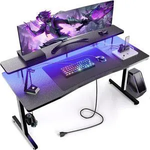 55 Inch Gaming Desk, Computer Gamer Desk with Monitor Stand, Ergonomic Carbon Fiber Surface Gaming Table with Power Outlet and Mouse Pad for Home Office, Colorful
