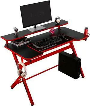 48" Home Office Gaming Computer Desk with Removable Monitor Stand, R Shaped Large Gamer Workstation PC Table with Cup Holder Headphone Hook Speaker Storage Free Mouse pad, Red
