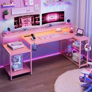 71.5 inch Gaming Desk with Power Outlet, Large LED Computer Desk with Monitor Stand, L Shaped Desk with Storage Shelf, Cup Holder & Headset Hooks, Corner Gamer Desk for Bedroom Pink