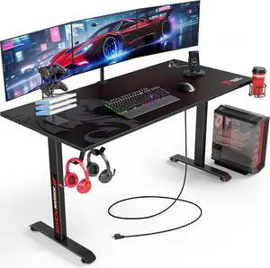 Gaming Desk 60 INCH, T- Shaped Carbon Fiber Surface Computer Desk with Full Mouse Pad, Ergonomic E-Sport Style Gamer Desk with Double Headphone Hook, USB Gaming Rack, Cup Holder