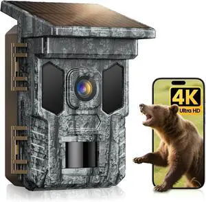 WiFi Solar Trail Camera, Rechargeable 4K 64MP Trail Cam with Night Vision Motion Activated Waterproof IP66, 0.2s Trigger Game Cam with 850nm Low Glow Infrared LEDs, 32GB SD Card