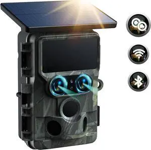 2025 Updated Trail Camera Solar Powered, Starlight Night Vision Dual Lens 60MP 4K 30FPS WiFi Bluetooth Game Hunting Cameras with IMX458 Sensors 0.1S Trigger Deer Cam for Outdoor Wildlife Monitoring