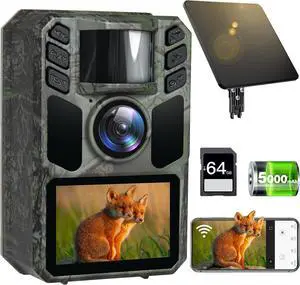 Trail Camera 4K 64MP Solar WiFi Game Hunting Camera with Night Vision Built-in 5000mAh Battery, IP67 Waterproof, Motion Activated, 64GB Memory Card