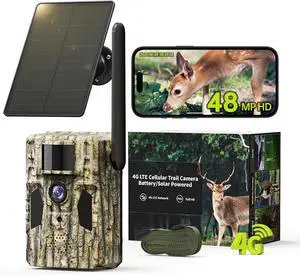 3rd Cellular Trail Cameras with 48MP Photo 2K Live Streaming, 4G LTE Unlimited Data Plan Built-in SIM Card, 4W Solar Powered Game/Deer Cam No Glow Flash with Motion Activated