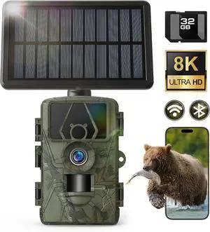 Solar Trail Camera 8K 30FPS, 60MP Bluetooth WiFi Game Camera, APP Control Trail Cam, 120° Detection Angle/Night Vision/0.1S Trigger Motion Activated/IP66 Waterproof, Deer for Wildlife Farm
