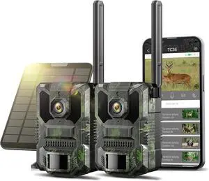 Trail Camera 2 Pack, 4G LTE Cellular Trail Camera with Built-in SIM Card 2.5K HD Live Streaming Solar Panel 4 Area in 1 Screen Night Vision Motion Activated Game Camera for Hunting & Outdoor