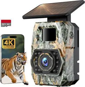 Trail Camera Sends Pictures to Cell Phone, 60MP 4K Game Camera 0.1s Trigger, Solar Trail Camera with 5200mAh Battery, IP66 Waterproof with 32GB SD Card, Trail Cam for Outdoor Wildlife Detection