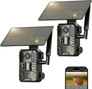 Cellular Trail Camera 2 Packs, Game Camera Built-in SIM Card 4G LTE with Night Vision Motion Activated Waterproof 2K Live View 0.2s Speed Trail Cam with Solar Panel