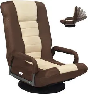 Swivel Gaming Floor Chair, 360 Degree Folding Chair with Adjustable 6-Position Backrest and Armrest, Lazy Sofa Lounger for TV, Reading, Playing Video Games (Brown/Beige)
