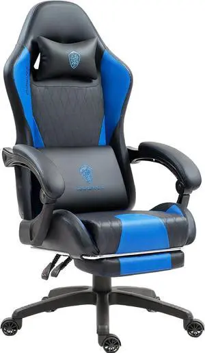 Gaming Chair with Massage Lumbar Support and Footrest, Video Game Chair for Adults, Adjustable Ergonomic Gamer Chairs High Back with Pocket Spring Cushion, Swivel Recliner with Headrest, Blue
