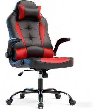 Gaming Desk Chair PC Gaming Chair Gamer Chair, Comftorable Ergonomic PU Leather Computer Office Chair with Lumbar Support Flip Up Arms, High Back Executive Gaming Stuff for Girl Kids Adults (Red)