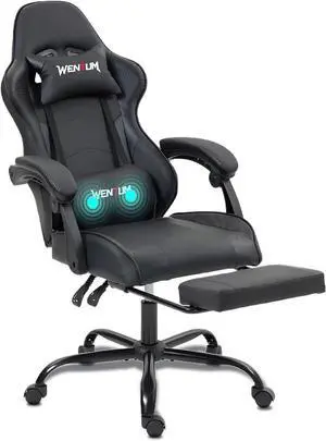 Gaming Chair with Footrest for Adults - PU Leather Massage Racing Video Game Chair w/Lumbar Support for Men Women, Ernogomic Computer Game Chair for Home Office, Height Adjustable, Black