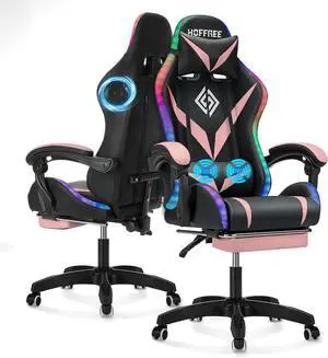 Gaming Chair with Bluetooth Speakers and RGB LED Lights Ergonomic Massage Video Game Chair with Footrest for Girls High Back with Lumbar Support Black Pink