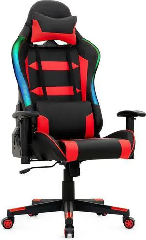 RGB Gaming Chair, Ergonomic Video Game Chair with Led Light, High Back E-Sport Computer Chair Adjustable w/PVC Leather, Headrest & Lumbar Support (Red)