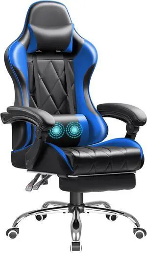 Gaming Chair with Footrest and Massage Lumbar Support, Computer Game Chairs Ergonomic Office Seat Height Adjustable with Headrest, Blue