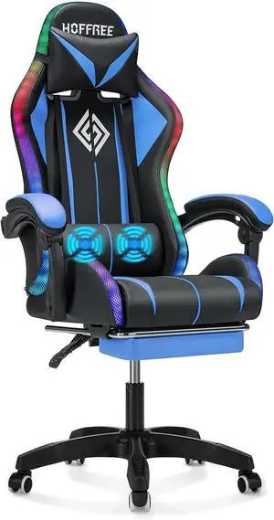 RGB Gaming Chair Massage with LED Lights and Ergonomic Computer Gaming Chair with Footrest High Back Video Game Chairs with Adjustable Lumbar Support Blue and Black RGB Gaming Chair Massage with LED Lights and Ergonomic Computer Gaming Chair with Footrest High Back Video Game Chairs with Adjustable Lumbar Support Blue and Black