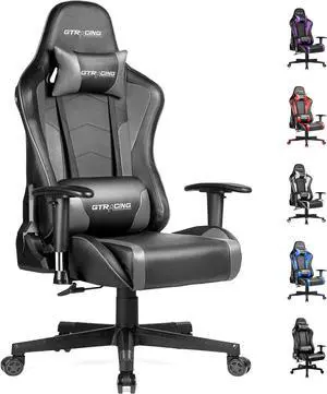 Gaming Chair with Speakers, Video Game Chair Bluetooth Music with Lumbar Support, Ergonomic Comfortable Office Computer Chair for Adults, Adjustable Reclining Chairs, 360° Swivel, Light Grey
