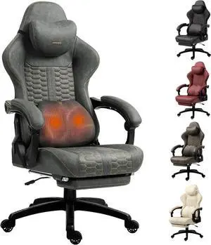 Gaming Chair Big and Tall with Footrest, Upgraded Massage Lumbar Support Ergonmic Computer Gaming Chairs for Adults, High Back Leather Gamer Chair for Video Game/Office 400Lbs, Gray