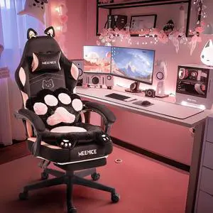 Pink Gaming Chair Cute with Cat Ears Paw Lumbar and Cushion,Ergonomic Computer Chair with Footrest,Reclining PC Game Chair for Girl Computer Chair 300lbs for Adult