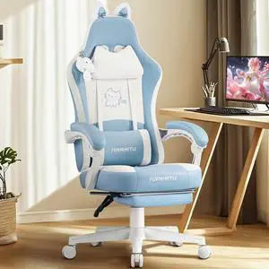 Gaming Chairs, Comfy Video Game Chair for Adults with Cat Ears Pocket Spring Cushion Massage Lumbar Support & Headrest, Ringing Accessories Cute Leather Ergonomic Computer Chair for Girls, Blue/White