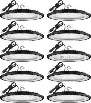 200W 10PACK UFO LED High Bay Light, High Bay LED Lights 30,000LM(800W MH/HPS Eqv.)110V~277V UL Certified Plug with Safety and high Brightness, Suitable for Commercial, Black