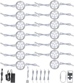 Direct Wired Under Cabinet LED Puck Lighting Kit, Linkable and Wireless Remote Control Dimmable Accent Lighting, 120Vac Electric Wall Plug to 12V Display Case Light, 14 Lights, Cool White