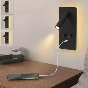 M04 Dimmable Wall Mount Reading Light,Adjustable 0.9-3.7W LED Wall Mounted Reading Lamp with Adjustable 1.2-6W Backlight,Wall Sconces with USB Port,Wall Lamps for Bedroom(Black)