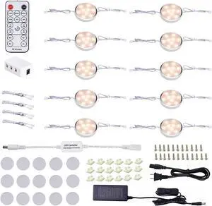 LED Dimmable Under Cabinet Lighting Plug in,10 Pack Linkable Puck Lights with Remote Control,Hardwired Cabinet Lights with Timer for Kitchen Counter,Wardrobe,Bookcase (Warm White)