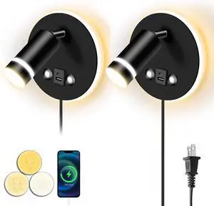 Wall Mounted Reading Light, Adjustable Wall Sconces with USB and Type-C Charging Port/Touch Control, 3000K/4000K/6000K 350° Rotatable LED Spotlight & Backlight for Bedside Bedroom -2 Pack