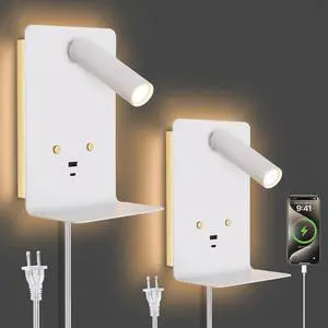 Touch Dimmable Wall Mounted Reading Light Set of 2, Plug in Bedroom Bedside Lamp Wall Mount Sconce, White Corded Headboard Reading Lamp with USB C+A Charging Ports for Bed Side Room